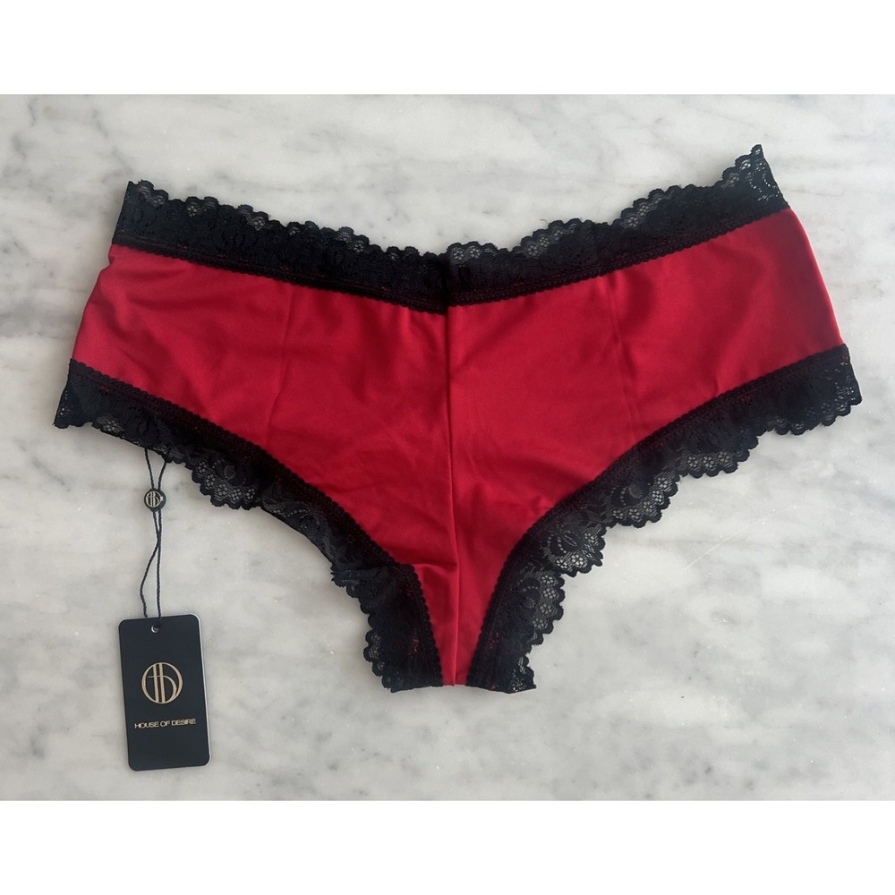 House of Desire Vera Lace Strappy Back Cheeky Panty Red Black Size Medium NWT - Picture 4 of 7